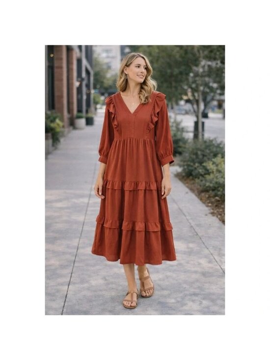 entro Dresses & Skirts - Entro Ruffle Long Sleeve Tiered Midi Dress Rust Size Medium